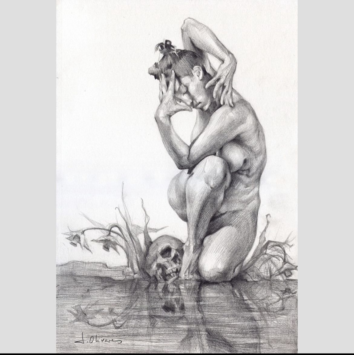 Warm-toned figure painting with a veil and theatrical contrast